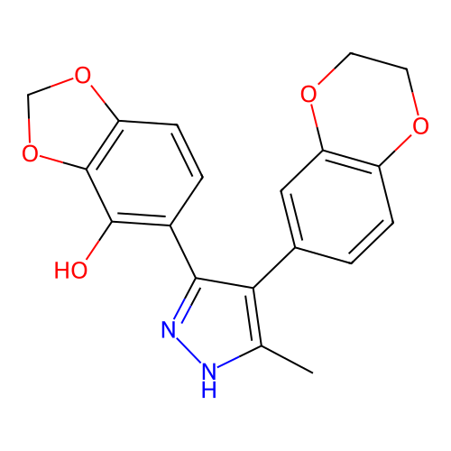 (5Z)-5-[4-(2,3-dihydro-1,4-benzodioxin-6-yl)-5-methyl-1,2-dihydropyrazol-3-ylidene]-1,3-benzodioxol-4-one structure