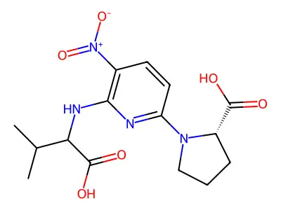 (2S)-1-{6-[(1-carboxy-2-methylpropyl)amino]-5-nitro-2-pyridinyl}tetrahydro-1H-pyrrole-2-carboxylic acid structure