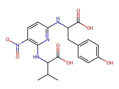 2-[(6-{[2-hydroxy-1-(4-hydroxybenzyl)-2-oxoethyl]amino}-3-nitro-2-pyridinyl)amino]-3-methylbutanoic acid structure
