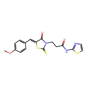 3-[(5E)-5-[(4-methoxyphenyl)methylidene]-4-oxo-2-sulfanylidene-1,3-thiazolidin-3-yl]-N-(1,3-thiazol-2-yl)propanamide structure