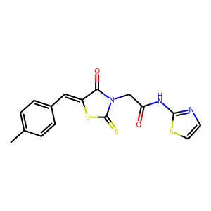 2-[(5E)-5-[(4-methylphenyl)methylidene]-4-oxo-2-sulfanylidene-1,3-thiazolidin-3-yl]-N-(1,3-thiazol-2-yl)acetamide structure