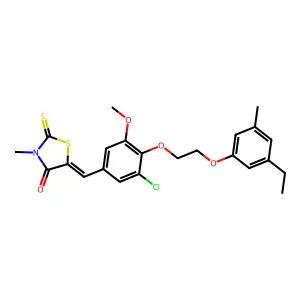 (5E)-5-[[3-chloro-4-[2-(3-ethyl-5-methylphenoxy)ethoxy]-5-methoxyphenyl]methylidene]-3-methyl-2-sulfanylidene-1,3-thiazolidin-4-one structure