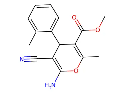 methyl 6-amino-5-cyano-2-methyl-4-(2-methylphenyl)-4H-pyran-3-carboxylate structure
