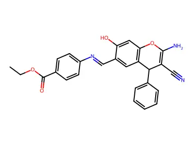ethyl 4-{[(E)-(2-amino-3-cyano-7-hydroxy-4-phenyl-4H-chromen-6-yl)methylidene]amino}benzoate structure