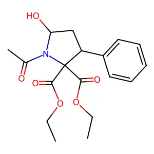 Diethyl 1-acetyl-5-hydroxy-3-phenylpyrrolidine-2,2-dicarboxylate structure