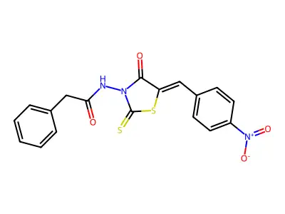 (Z)-N-(5-(4-nitrobenzylidene)-4-oxo-2-thioxothiazolidin-3-yl)-2-phenylacetamide structure