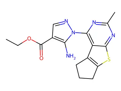 ethyl 5-amino-1-(2-methyl-6,7-dihydro-5H-cyclopenta[4,5]thieno[2,3-d]pyrimidin-4-yl)-1H-pyrazole-4-carboxylate structure