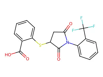 2-({2,5-Dioxo-1-[2-(trifluoromethyl)phenyl]pyrrolidin-3-yl}sulfanyl)benzoic acid structure