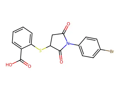 2-{[1-(4-Bromophenyl)-2,5-dioxopyrrolidin-3-yl]sulfanyl}benzoic acid structure