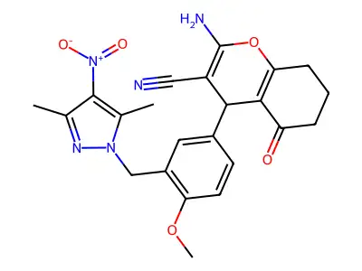 2-amino-4-[3-[(3,5-dimethyl-4-nitropyrazol-1-yl)methyl]-4-methoxyphenyl]-5-oxo-4,6,7,8-tetrahydrochromene-3-carbonitrile structure