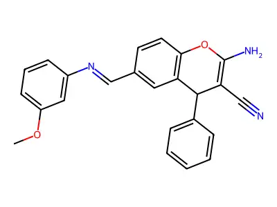 (E)-2-amino-6-(((3-methoxyphenyl)imino)methyl)-4-phenyl-4H-chromene-3-carbonitrile structure