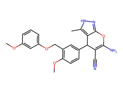 6-amino-4-{4-methoxy-3-[(3-methoxyphenoxy)methyl]phenyl}-3-methyl-1,4-dihydropyrano[2,3-c]pyrazole-5-carbonitrile structure