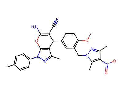 6-amino-4-[3-[(3,5-dimethyl-4-nitropyrazol-1-yl)methyl]-4-methoxyphenyl]-3-methyl-1-(4-methylphenyl)-4H-pyrano[2,3-c]pyrazole-5-carbonitrile structure
