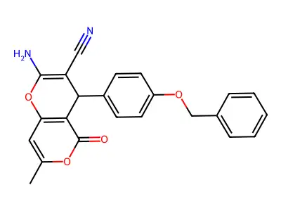 2-amino-4-[4-(benzyloxy)phenyl]-7-methyl-5-oxo-4H,5H-pyrano[4,3-b]pyran-3-carbonitrile structure