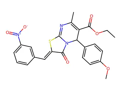 Ethyl 2,3-dihydro-5-(4-methoxyphenyl)-7-methyl-2-[(3-nitrophenyl)methylene]-3-oxo-5H-thiazolo[3,2-a]pyrimidine-6-carboxylate structure