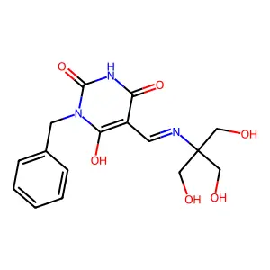 (5Z)-1-benzyl-5-({[1,3-dihydroxy-2-(hydroxymethyl)propan-2-yl]amino}methylidene)pyrimidine-2,4,6(1H,3H,5H)-trione structure