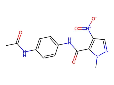 N-(4-acetamidophenyl)-2-methyl-4-nitropyrazole-3-carboxamide structure