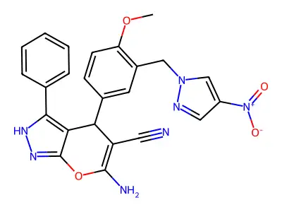 6-amino-4-[3-({4-nitro-1H-pyrazol-1-yl}methyl)-4-methoxyphenyl]-3-phenyl-1,4-dihydropyrano[2,3-c]pyrazole-5-carbonitrile structure
