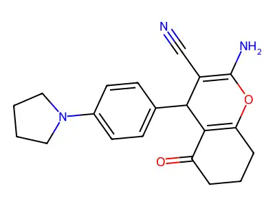 2-amino-5-oxo-4-(4-pyrrolidin-1-ylphenyl)-4,6,7,8-tetrahydrochromene-3-carbonitrile structure