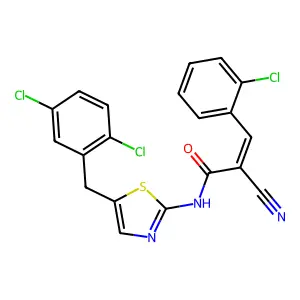 (2E)-3-(2-chlorophenyl)-2-cyano-N-[5-(2,5-dichlorobenzyl)-1,3-thiazol-2-yl]prop-2-enamide structure