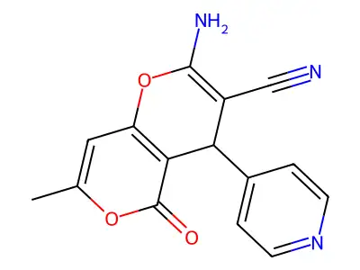 2-amino-7-methyl-5-oxo-4-(4-pyridyl)-4H-pyrano[3,2-c]pyran-3-carbonitrile structure