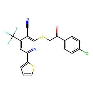 2-[2-(4-chlorophenyl)-2-oxoethyl]sulfanyl-6-thiophen-2-yl-4-(trifluoromethyl)pyridine-3-carbonitrile structure