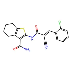 (E)-2-(3-(2-chlorophenyl)-2-cyanoacrylamido)-4,5,6,7-tetrahydrobenzo[b]thiophene-3-carboxamide structure
