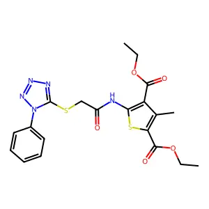 2,4-diethyl 3-methyl-5-{2-[(1-phenyl-1H-1,2,3,4-tetrazol-5-yl)sulfanyl]acetamido}thiophene-2,4-dicarboxylate structure
