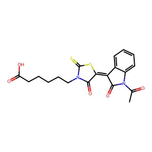 6-[5-(1-acetyl-2-oxo-2,3-dihydro-1H-indol-3-ylidene)-4-oxo-2-sulfanylidene-1,3-thiazolidin-3-yl]hexanoic acid structure