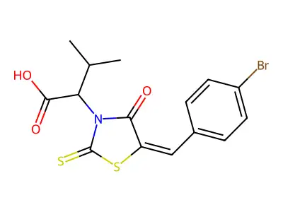 (2R)-2-[(5Z)-5-(4-bromobenzylidene)-4-oxo-2-thioxo-1,3-thiazolidin-3-yl]-3-methylbutanoic acid structure