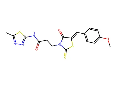 3-[(5Z)-5-(4-methoxybenzylidene)-4-oxo-2-thioxo-1,3-thiazolidin-3-yl]-N-[(2E)-5-methyl-1,3,4-thiadiazol-2(3H)-ylidene]propanamide structure