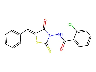 (Z)-N-(5-benzylidene-4-oxo-2-thioxothiazolidin-3-yl)-2-chlorobenzamide structure