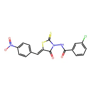 3-chloro-N-[(5Z)-5-[(4-nitrophenyl)methylidene]-4-oxo-2-sulfanylidene-1,3-thiazolidin-3-yl]benzamide structure