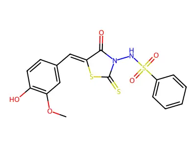 N-[(5Z)-5-[(4-hydroxy-3-methoxyphenyl)methylidene]-4-oxo-2-sulfanylidene-1,3-thiazolidin-3-yl]benzenesulfonamide structure