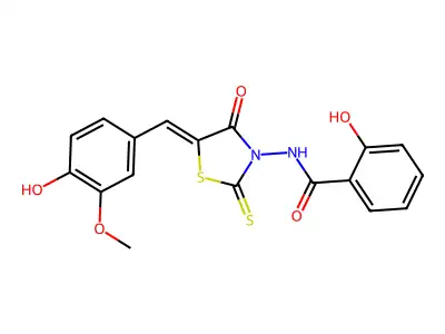 2-hydroxy-N-[(5Z)-5-(4-hydroxy-3-methoxybenzylidene)-4-oxo-2-thioxo-1,3-thiazolidin-3-yl]benzamide structure