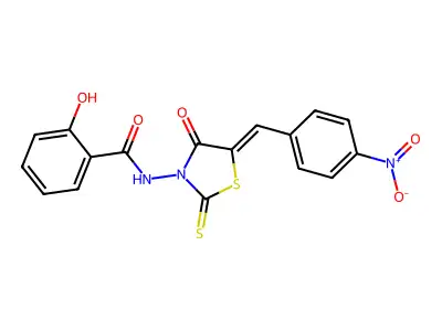 2-hydroxy-N-[(5Z)-5-[(4-nitrophenyl)methylidene]-4-oxo-2-sulfanylidene-1,3-thiazolidin-3-yl]benzamide structure