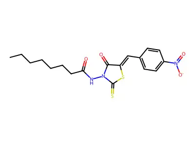 N-[(5Z)-5-[(4-nitrophenyl)methylidene]-4-oxo-2-sulfanylidene-1,3-thiazolidin-3-yl]octanamide structure