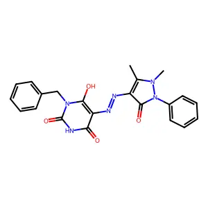 (5Z)-1-benzyl-5-[2-(1,5-dimethyl-3-oxo-2-phenyl-2,3-dihydro-1H-pyrazol-4-yl)hydrazinylidene]pyrimidine-2,4,6(1H,3H,5H)-trione structure