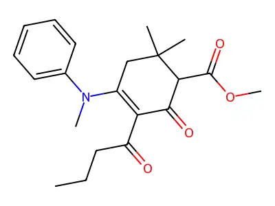 methyl 3-butyryl-6,6-dimethyl-4-(methyl(phenyl)amino)-2-oxocyclohex-3-enecarboxylate structure