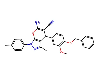 6-amino-4-[4-(benzyloxy)-3-methoxyphenyl]-3-methyl-1-(4-methylphenyl)-1,4-dihydropyrano[2,3-c]pyrazole-5-carbonitrile structure