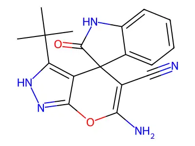 6-amino-3-(tert-butyl)-11-oxospiro[4H-pyrano[2,3-c]pyrazole-4,3'-indoline]-5-c arbonitrile structure