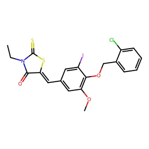 (5E)-5-[[4-[(2-chlorophenyl)methoxy]-3-iodo-5-methoxyphenyl]methylidene]-3-ethyl-2-sulfanylidene-1,3-thiazolidin-4-one structure