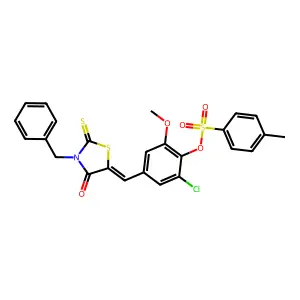 (E)-4-((3-benzyl-4-oxo-2-thioxothiazolidin-5-ylidene)methyl)-2-chloro-6-methoxyphenyl 4-methylbenzenesulfonate structure