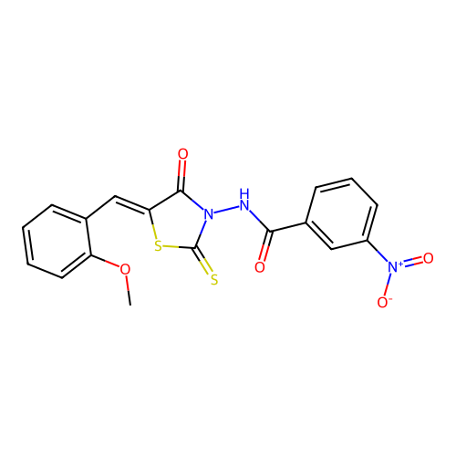 (Z)-N-(5-(2-methoxybenzylidene)-4-oxo-2-thioxothiazolidin-3-yl)-3-nitrobenzamide structure