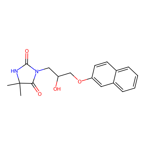 3-(2-Hydroxy-3-(naphthalen-2-yloxy)propyl)-5,5-dimethylimidazolidine-2,4-dione structure