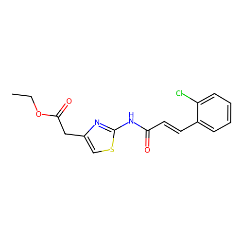 {2-[(E)-3-(2-Chloro-phenyl)-acryloylamino]-thiazol-4-yl}-acetic acid ethyl ester structure