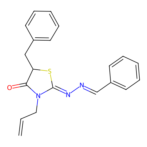 (Z)-3-allyl-5-benzyl-2-((E)-benzylidenehydrazono)thiazolidin-4-one structure