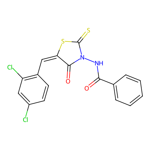 (E)-N-(5-(2,4-dichlorobenzylidene)-4-oxo-2-thioxothiazolidin-3-yl)benzamide structure
