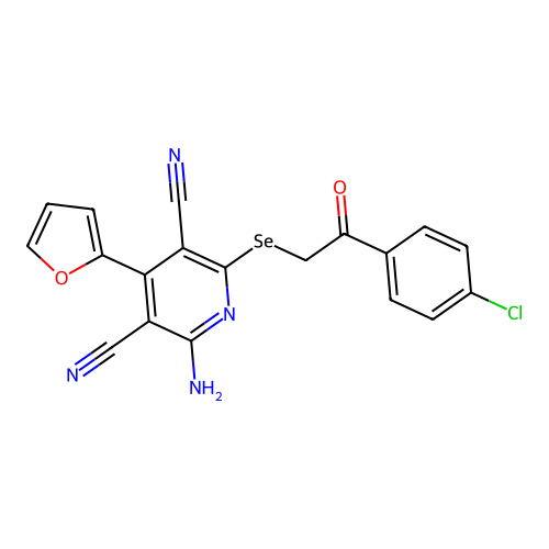 2-Amino-6-[2-(4-chloro-phenyl)-2-oxo-ethylselanyl]- 4-furan-2-yl-pyridine-3,5-dicarbonitrile structure