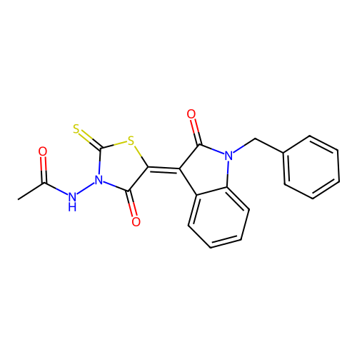 (Z)-N-(5-(1-benzyl-2-oxoindolin-3-ylidene)-4-oxo-2-thioxothiazolidin-3-yl)acetamide structure